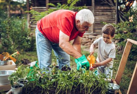 Family watering plants together