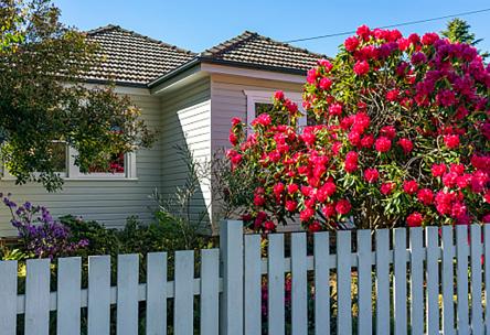 The outside of a house with a white fence and pink and purple flowers.