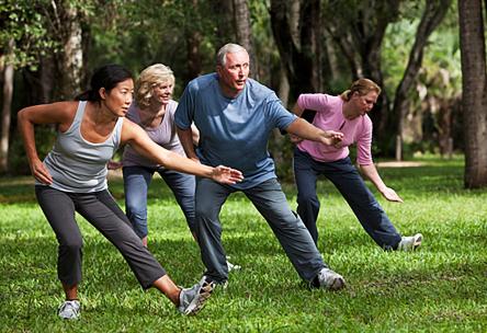 A group of seniors practices tai chi in a park