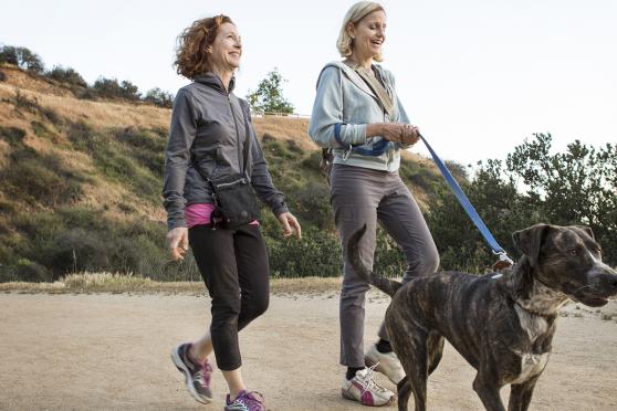 two white middle aged women walking dogs