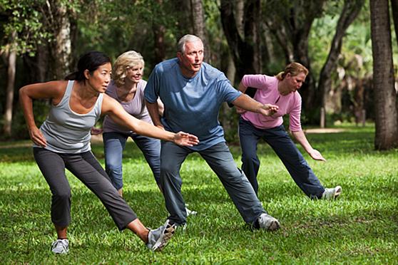 A group of seniors practices tai chi in a park